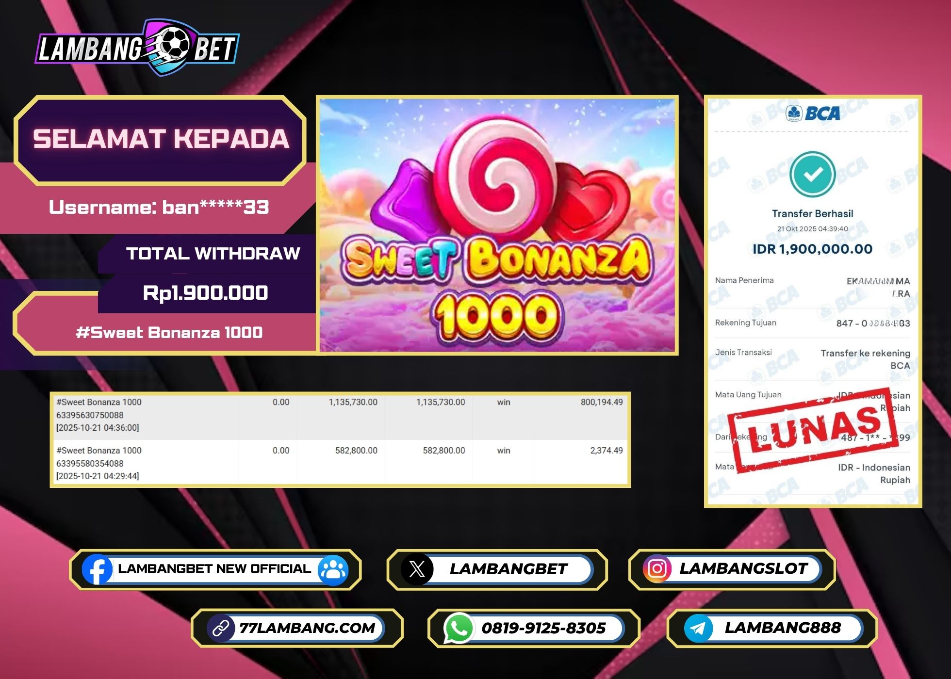 LAMBANGBET [21 OKTOBER 2025] JACKPOT SLOT Sweet Bonanza 1000 "Rp1.900.000" LUNAS
